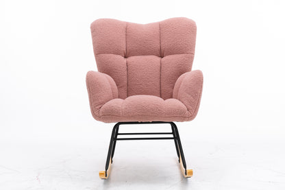 Mid Century Modern Teddy fabric Tufted Upholstered Rocking Chair Padded Seat for Living Room Bedroom,Pink