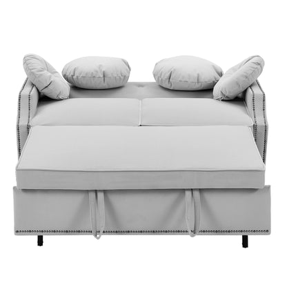 54.7" Multiple Adjustable Positions Sofa Bed Stylish Sofa Bed with a Button Tufted Backrest, Two USB Ports and Four Floral Lumbar Pillows for Living Room, Bedroom,or Small Space, Light Grey