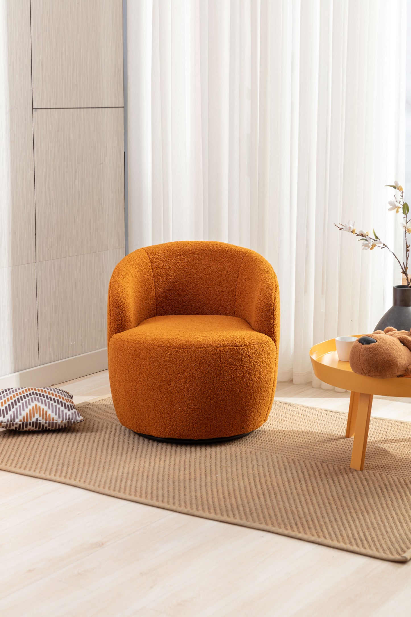 Teddy Fabric Swivel Accent Armchair Barrel Chair With Black Powder Coating Metal Ring,Caramel