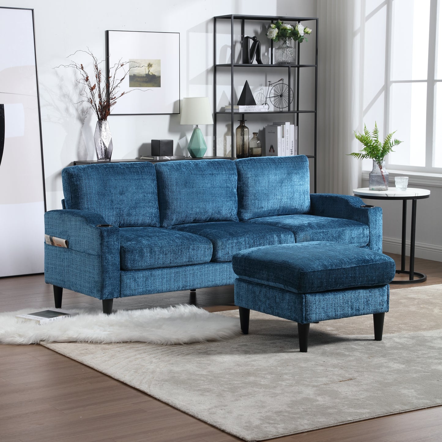 Sofa for three, solid wood frame, Chenille fabric, side pocket, with two cup holders, footstool with storagestorage sofa /Living room sofa cozy sectional sofa