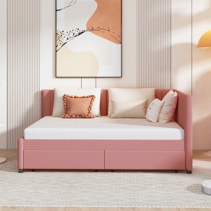 Full Size Upholstered Daybed with 2 Storage Drawers Sofa Bed Frame No Box Spring Needed, Linen Fabric (Pink)