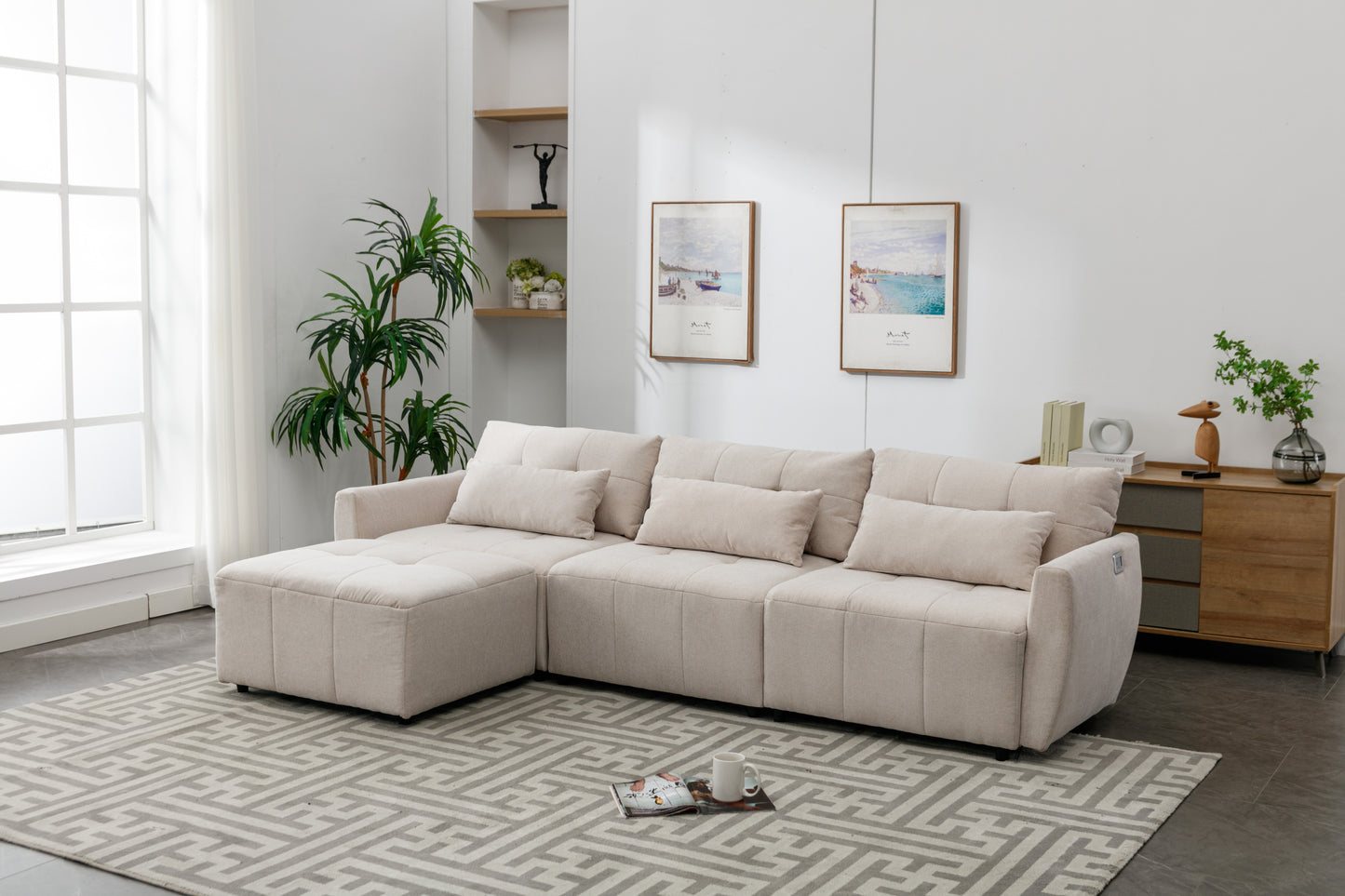 113.3" Convertible Sectional Sofa Couch 3-Seat L-Shaped Sofa with Movable Ottoman and USB for Apartment, Living Room, Bedroom, Beige