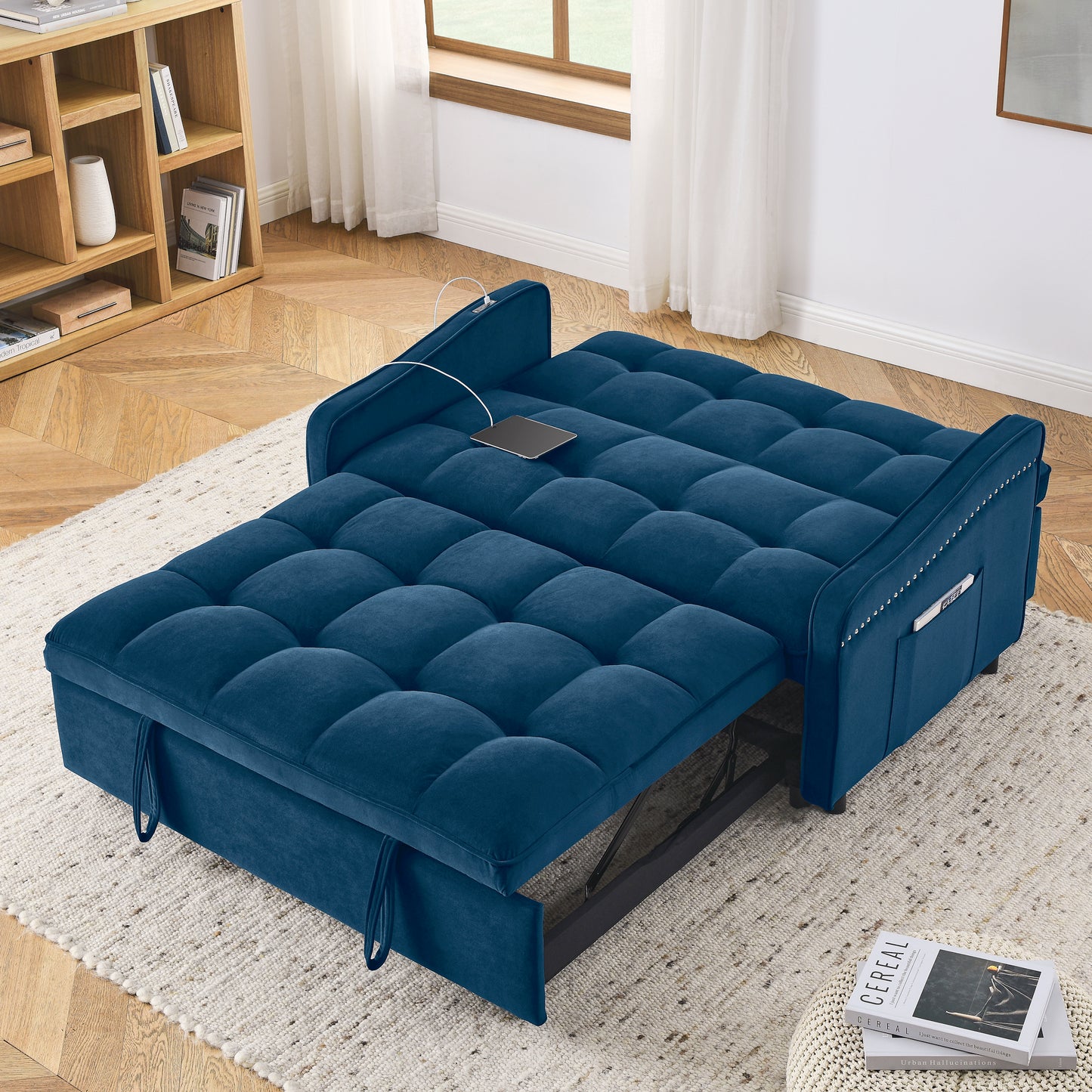 Loveseats Sofa Bed with Pull-out Bed,Adjsutable Back and Two Arm Pocket,TypeC and USB Charging with Copper nail,Blue (47"x53"x31")