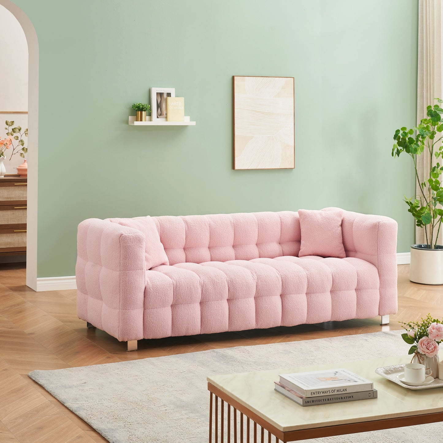 Pink teddy fleecesofa 80 inch discharge in living room bedroom with two throw pillows hardware foot support