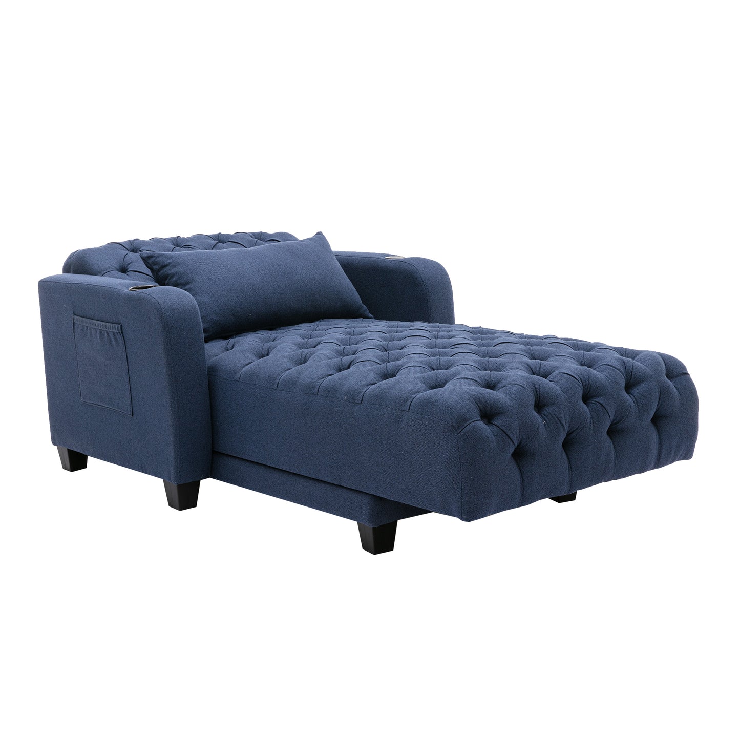 Multifunctional Living Room Leisure Chaise Lounge Barry Tufted Comfy Armchair Wireless Charging, Smooth Reclining Backrest & Lumbar Pillow for Home Apartment (Navy linen)