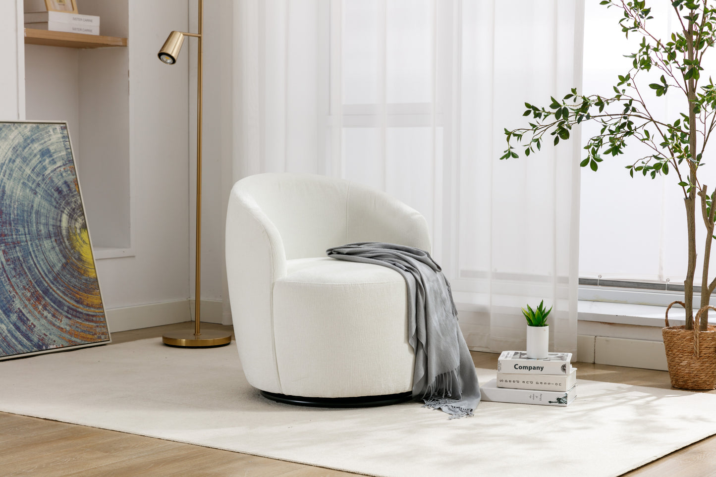 Fabric Swivel Accent Armchair Barrel Chair With Black Powder Coating Metal Ring,Ivory