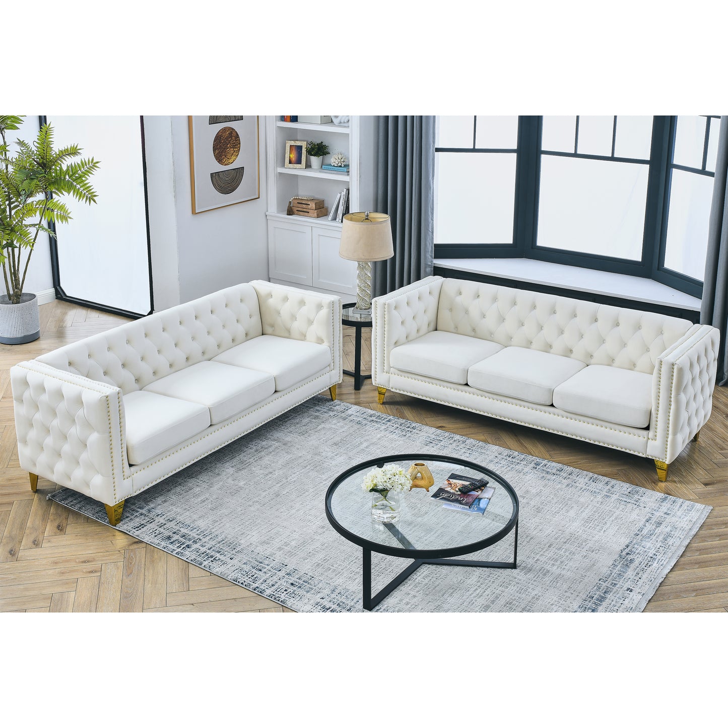 Velvet Sofa for Living Room,Buttons Tufted Square Arm Couch, Modern Couch Upholstered Button and Metal Legs, Sofa Couch for Bedroom, Beige Velvet,2PCS