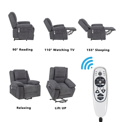 Electric Power Recliner Chair With Massage For Elderly,Remote Control Multi-function Lifting, Timing, Cushion Heating Chair With Side Pocket Dark Grey