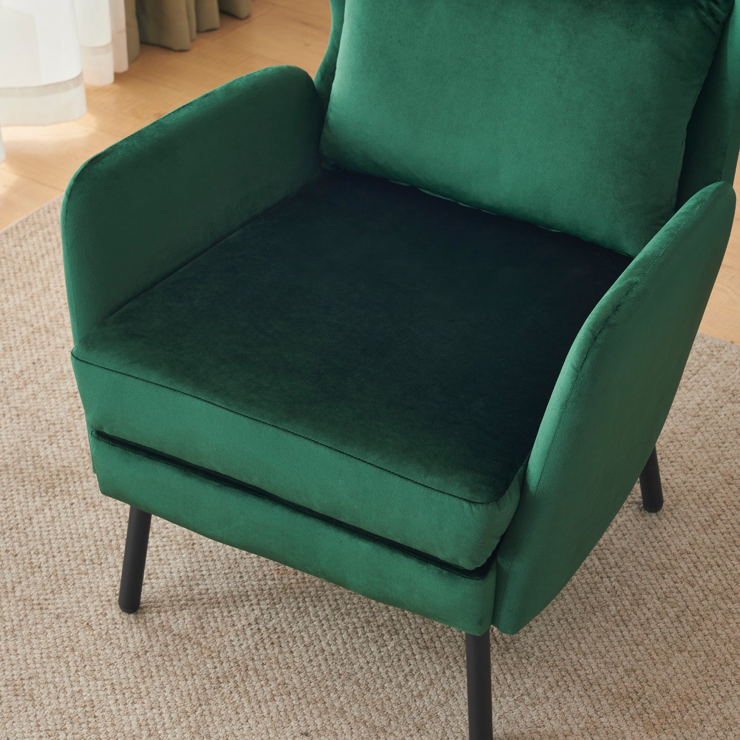 Velvet Accent Chair, Modern Living Room Armchair Comfy Upholstered Single Sofa Chair for Bedroom Dorms Reading Reception Room with Metal Legs & Pillow, Green