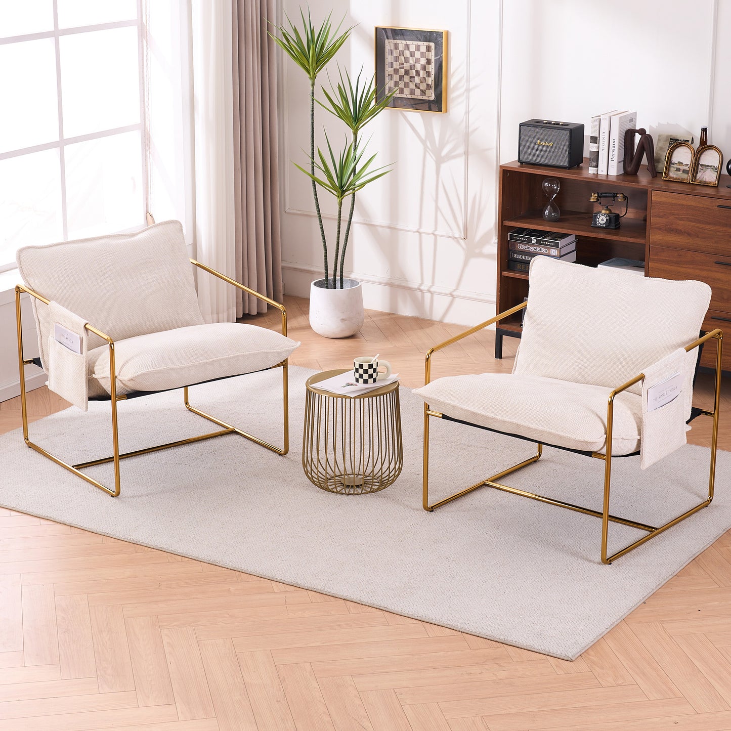 2 Chairs in 1 Box, Upholstered Hanging Armchair with Arm PocketsMetal frame, gold-plated craftsmanship, crushed foam cushions and skin-friendly woven fabric for living room and bedroom. Beige