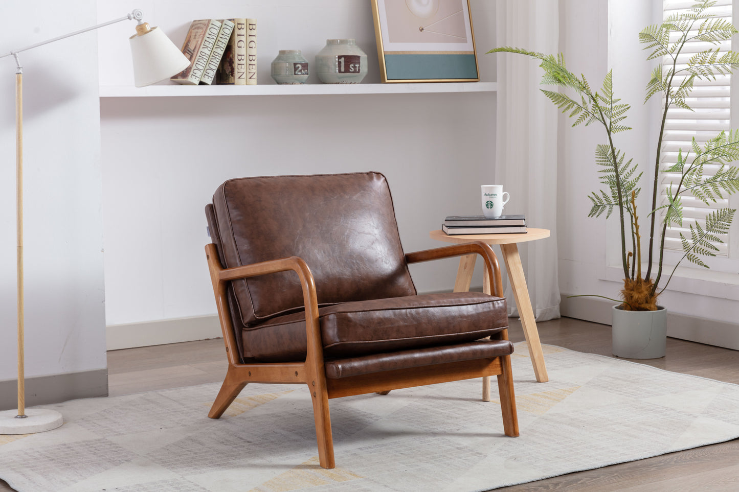 Mid Century Modern Accent Chair, Comfy Fabric Living Room Chairs with Solid Wood Frame, Lounge Reading Armchair, Easy Assembly (Brown PU)