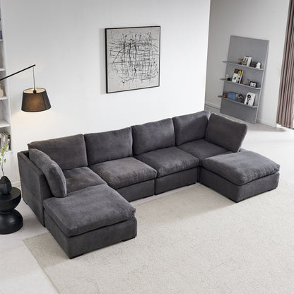 Modular Sofa with Ottoman,Filled with Down,Soft Linen Fabric,Dark Grey