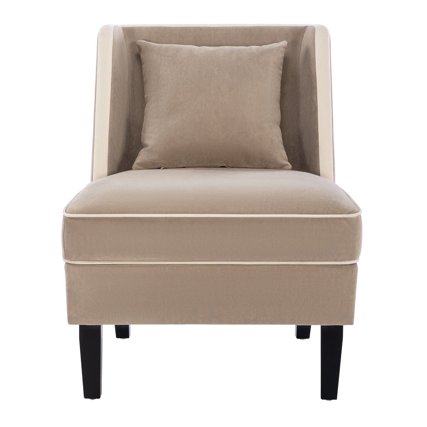 Velvet Upholstered Accent Chair with Cream Piping, Tan and Cream