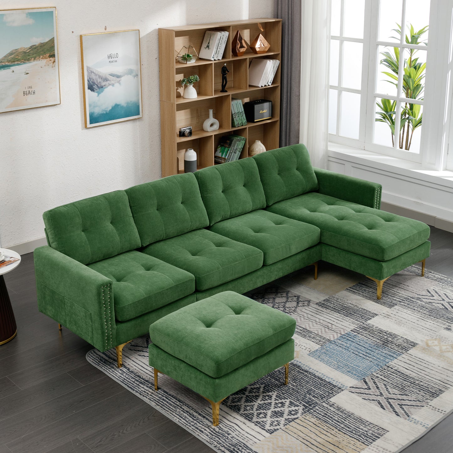 110" L-Shape Convertible Sectional Sofa Couch with Movable Ottoman for Living Room, Apartment, Office, Green