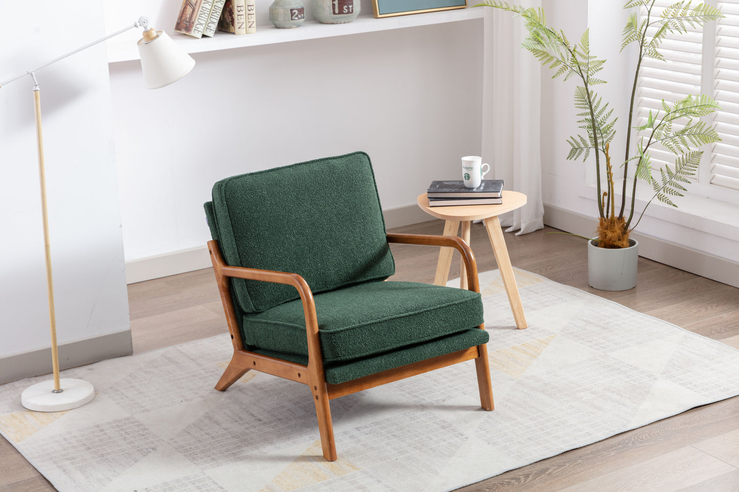 Mid Century Modern Accent Chair, Comfy Fabric Living Room Chairs with Solid Wood Frame, Lounge Reading Armchair, Easy Assembly (Emerald)