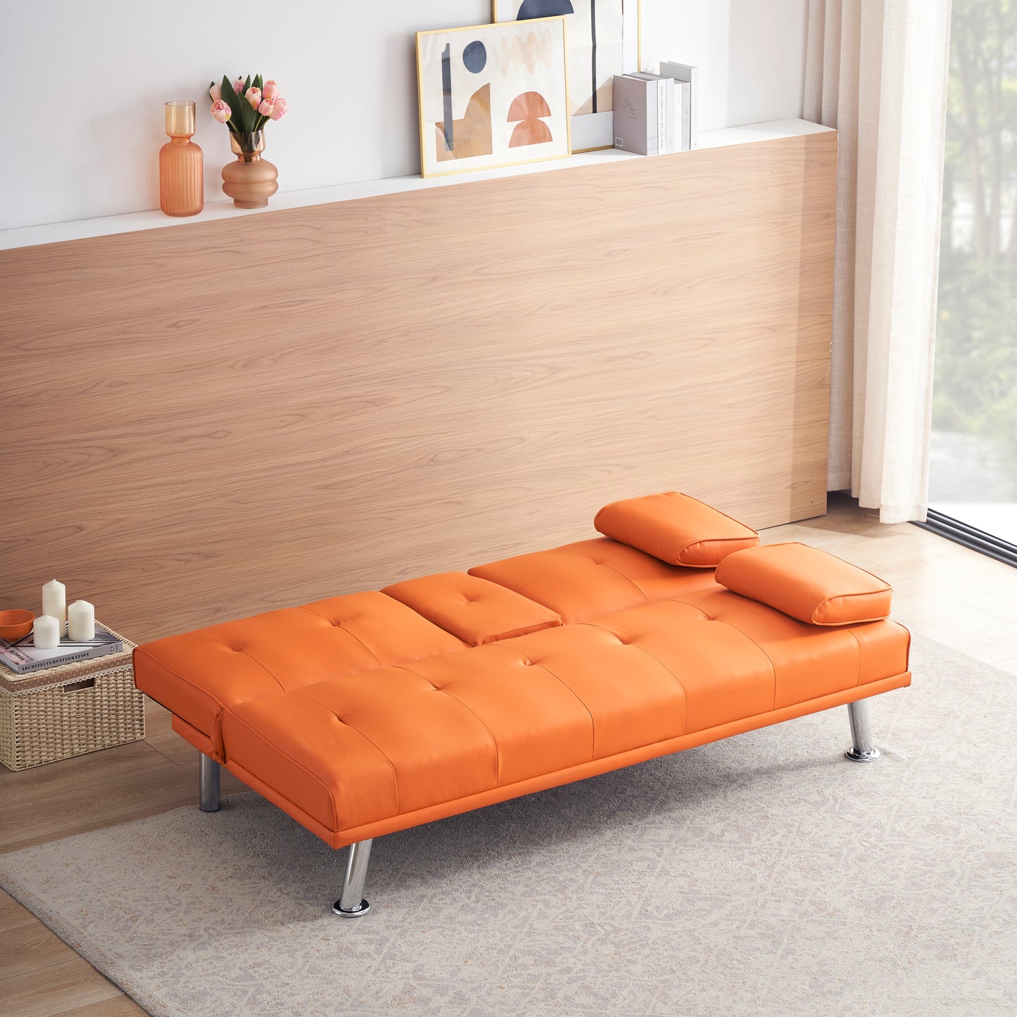 67" Orange Leather Multifunctional Double Folding Sofa Bed for Office with Coffee Table