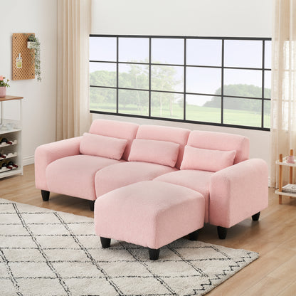 The 84.6-inch pink teddy fleece creative sofa can be assembled into a two-seater sofa plus a single couch with three waist pillows to perfectly stretch your waist for small apartment bedroom Spaces