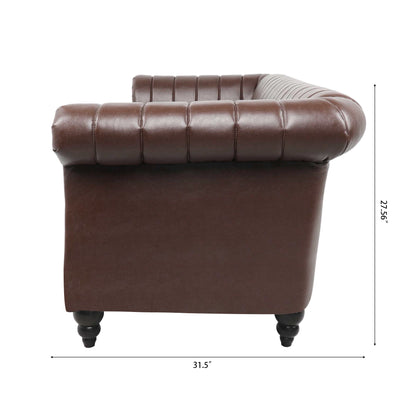 83.46'' Brown PU Rolled Arm Chesterfield Three Seater Sofa.