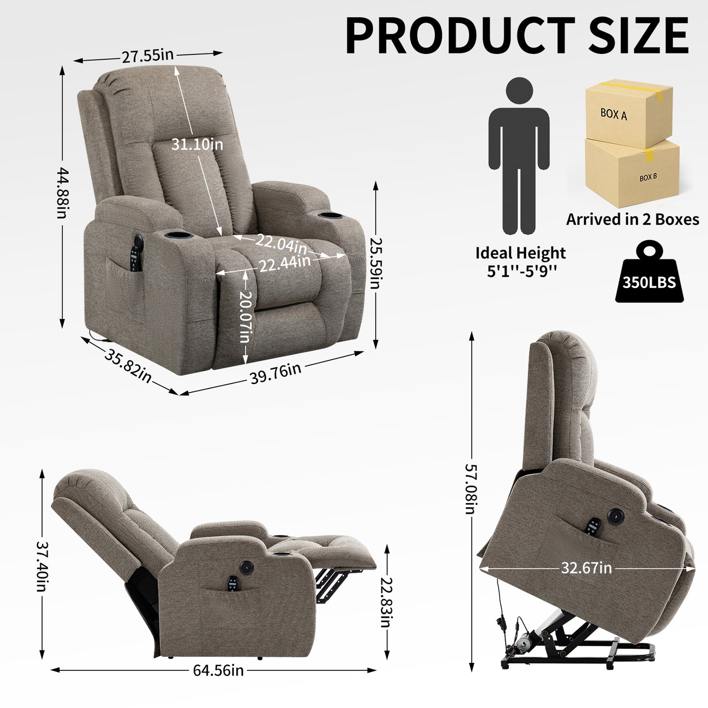 Up to 350 LBS Power Lift Recliner Chair for Elderly, Heavy Duty Motion Mechanism with 8-Point Vibration Massage and Lumbar Heating, USB Charging Port, Cup Holders, Brown