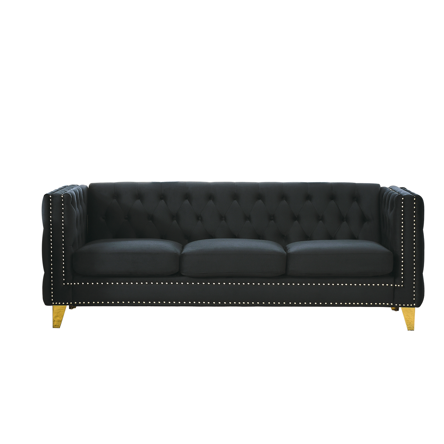 Velvet Sofa for Living Room,Buttons Tufted Square Arm Couch, Modern Couch Upholstered Button and Metal Legs, Sofa Couch for Bedroom, Black Velvet(W834S00022)