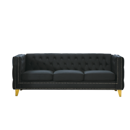 Velvet Sofa for Living Room,Buttons Tufted Square Arm Couch, Modern Couch Upholstered Button and Metal Legs, Sofa Couch for Bedroom, Black Velvet(W834S00022)