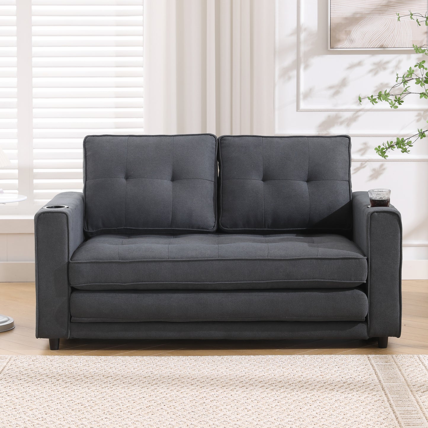 3-in-1 Upholstered Futon Sofa Convertible Sofa bed,Foldable Tufted Loveseat with Pull Out Sleeper Couch Bed,Folding Mattres Love Seat Daybed W/Side Pockets and Cup Holder, Dark Gray