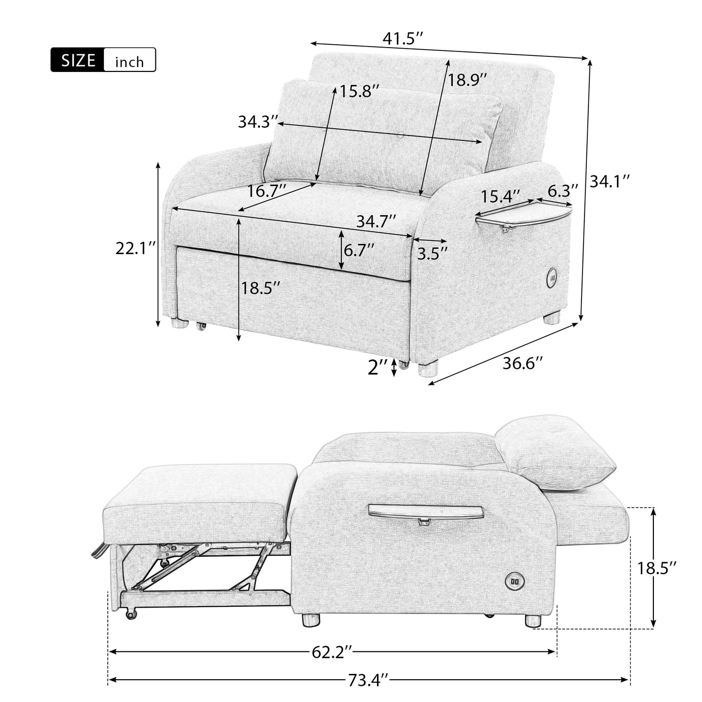 Pull out sofa sleeper 3 in 1 with 2 wing table and usb charge for nap line fabric for living room recreation room Beige