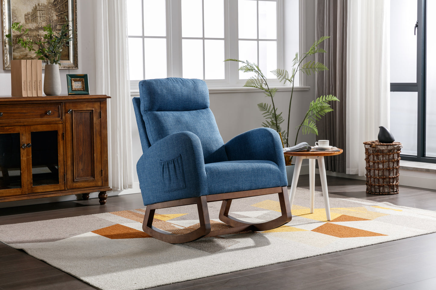 Rocking Chair, Modern Glider Chair, Recliner Armchair with Wood Legs and Side Pocket, Nursery Rocking Accent Chair with High Back for Living Room Bedroom (Blue linen)