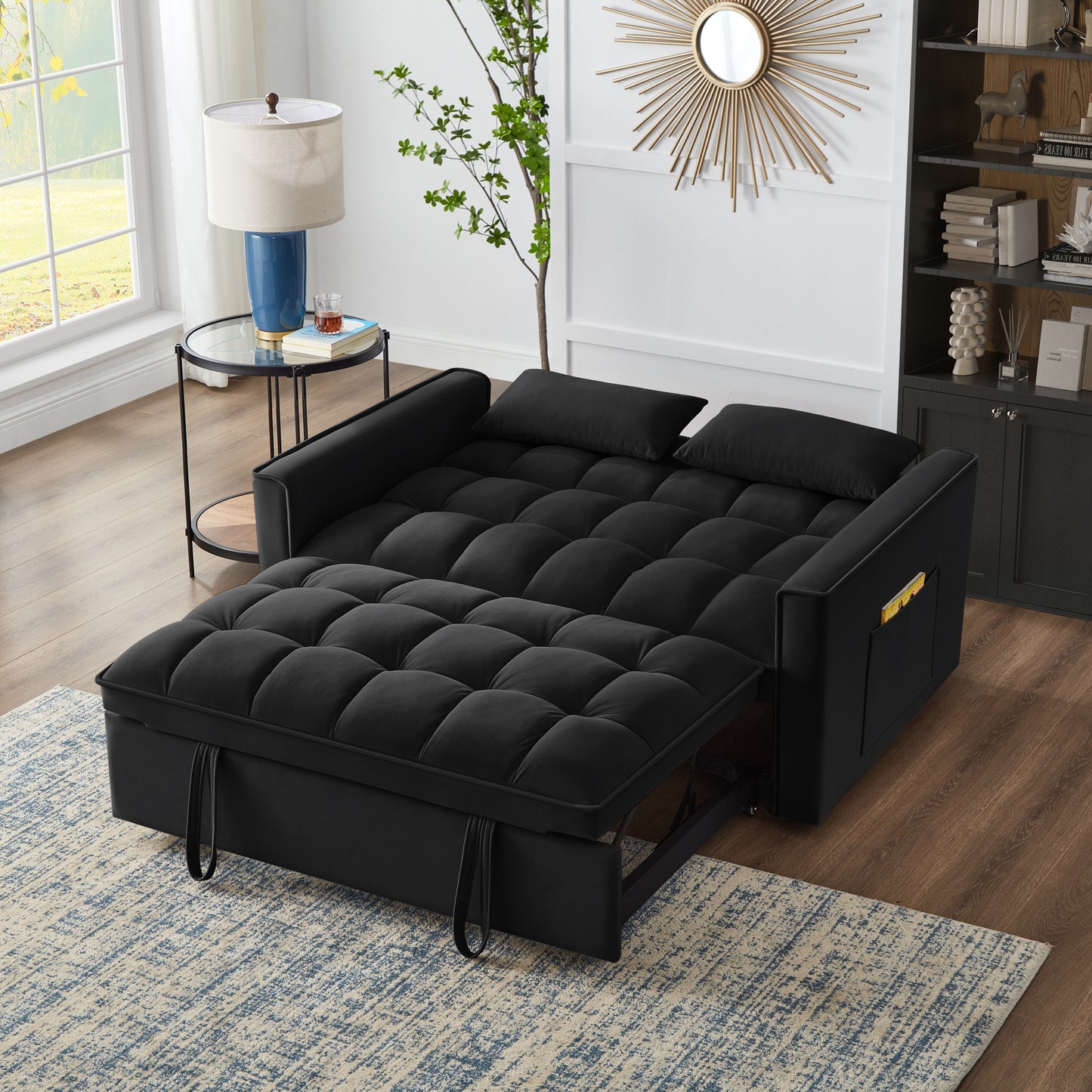 4 in1 Loveseat Sofa Bed with Armrests & Storage Pockets, Multi-Function Tufted Pull-out Sofa Bed with Adjustable Backrest and Pillows, Convertible Loveseat Sofa Couch,Black