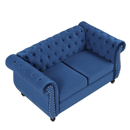 60" modern sofa Dutch plush upholstered sofa, solid wood legs, buttoned tufted backrest, blue