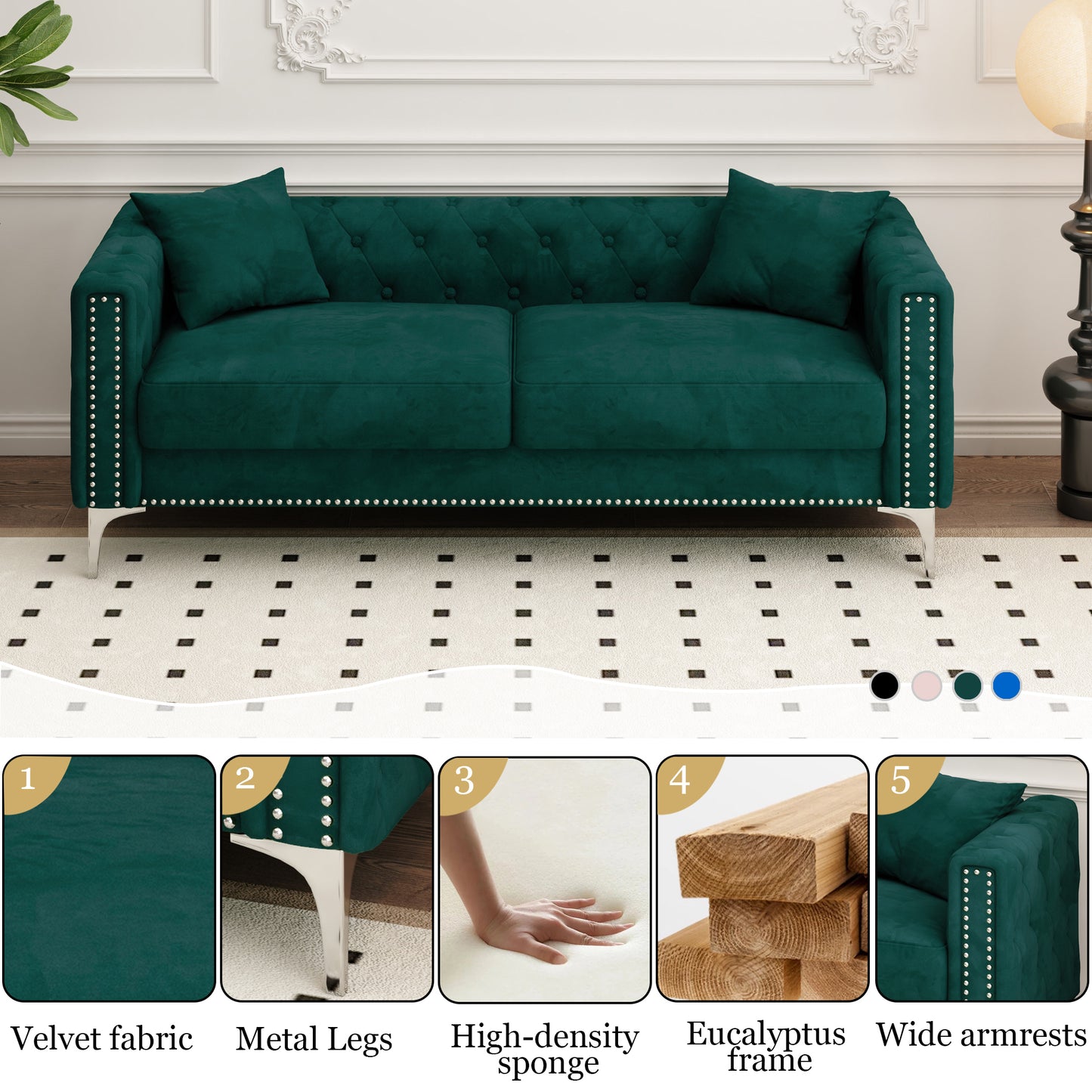 Sofa includes 2 pillows, 83 "green velvet triple sofa for small Spaces