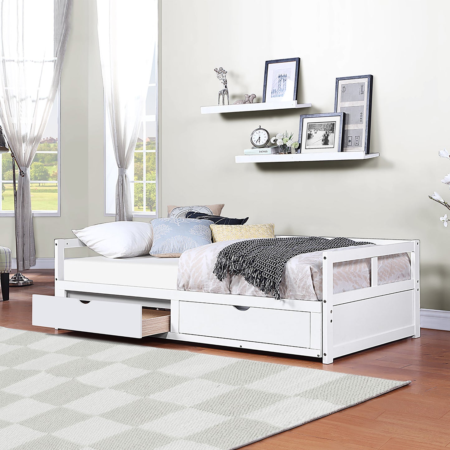 Wooden Daybed with Trundle Bed and Two Storage Drawers, Extendable Bed Daybed,Sofa Bed for Bedroom Living Room,White