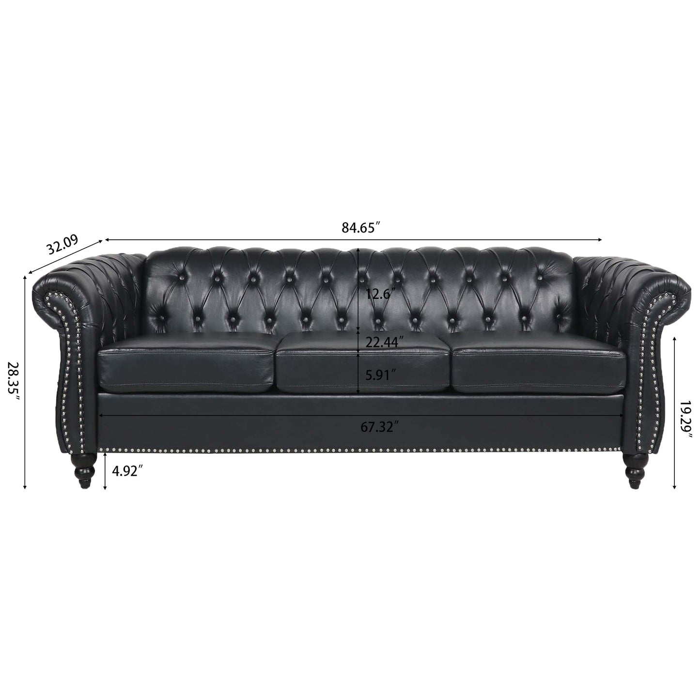 84.65" BLACK PU Rolled Arm Chesterfield Three Seater Sofa.