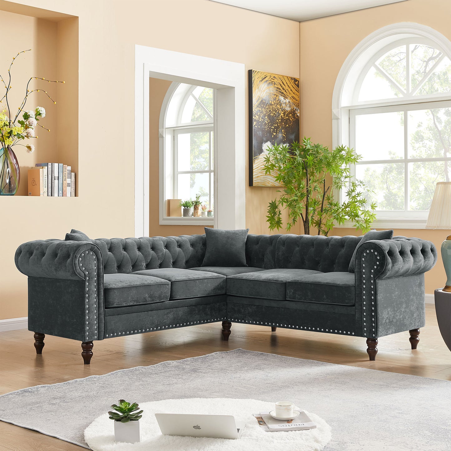 80" Deep Button Tufted Upholstered Roll Arm Luxury Classic Chesterfield L-shaped Sofa 3 Pillows Included, Solid Wood Gourd Legs, Grey velvet