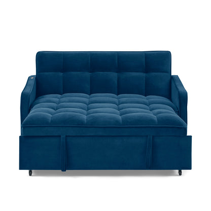 Loveseats Sofa Bed with Pull-out Bed,Adjsutable Back and Two Arm Pocket,TypeC and USB Charging with Copper nail,Blue (47"x53"x31")