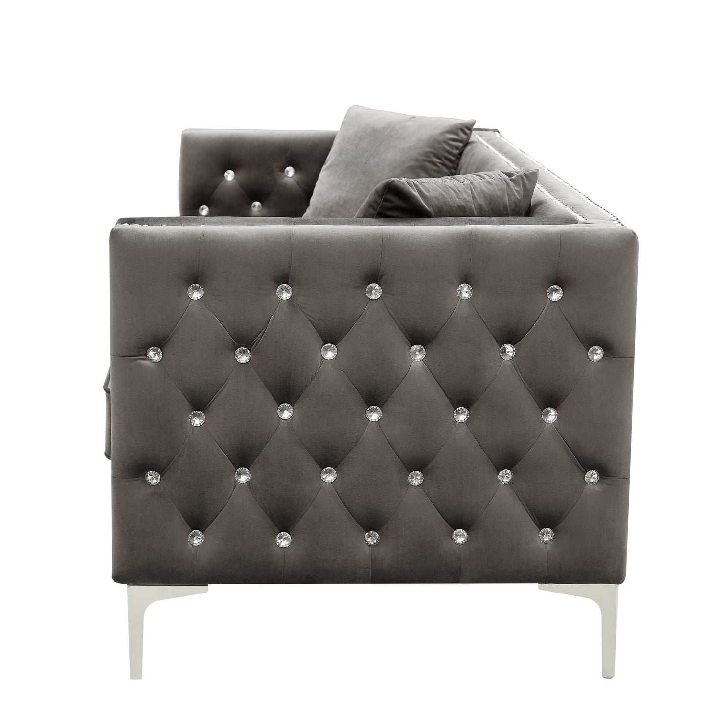 82.3" Width Modern Velvet Sofa Jeweled Buttons Tufted Square Arm Couch Grey,2 Pillows Included