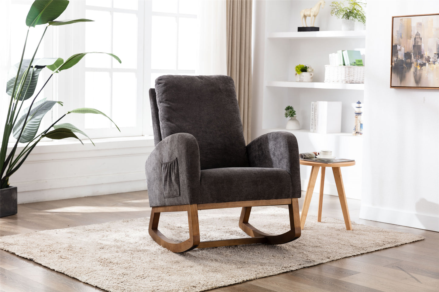 Rocking Chair, Modern Glider Chair, Recliner Armchair with Wood Legs and Side Pocket, Nursery Rocking Accent Chair with High Back for Living Room Bedroom (Dark Gray linen)