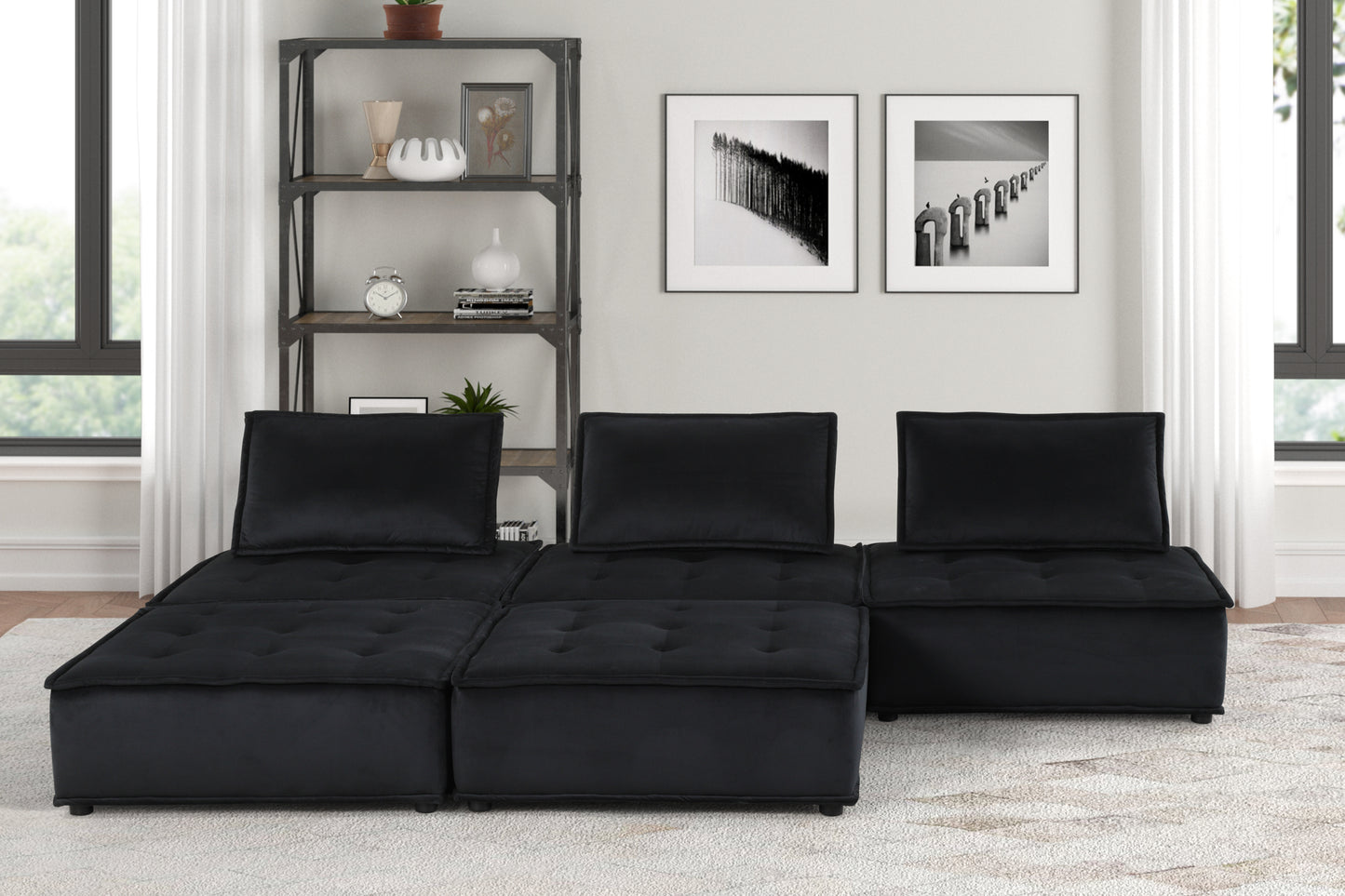 120" Black Velvet 5 Pc Sectional Sofa Ottoman