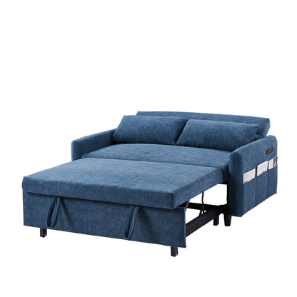 55.1" Pull Out Sleep Sofa Bed Loveseats Sofa Couch with Adjsutable Backrest, Storage Pockets, 2 Soft Pillows, USB Ports for Living Room, Bedroom, Apartment, Office, Blue (Old SKU WF307821AAC)