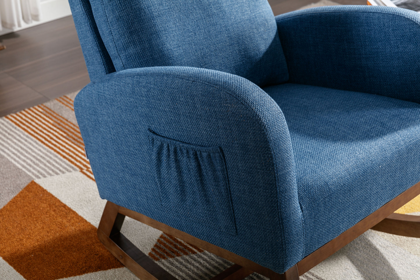 Rocking Chair, Modern Glider Chair, Recliner Armchair with Wood Legs and Side Pocket, Nursery Rocking Accent Chair with High Back for Living Room Bedroom (Blue linen)