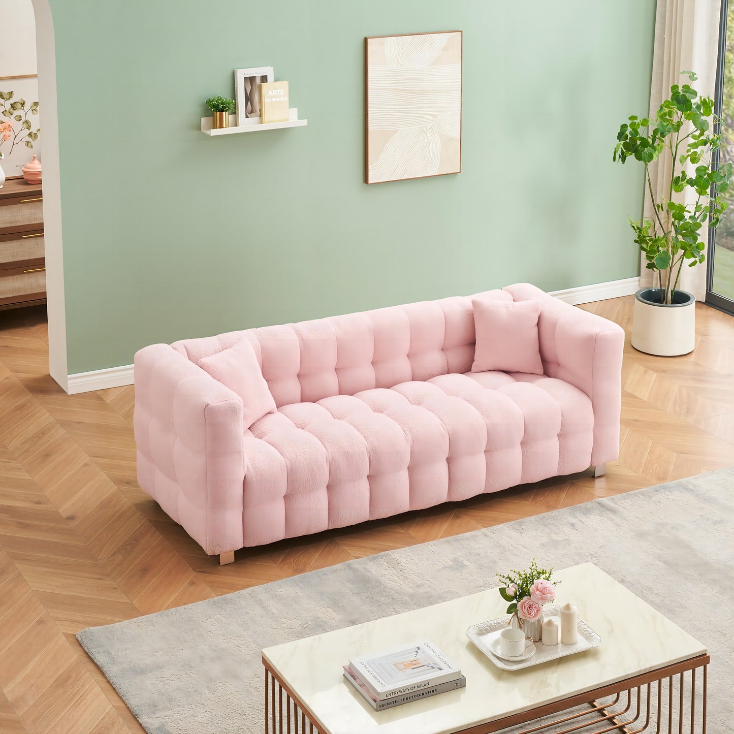 Pink teddy fleecesofa 80 inch discharge in living room bedroom with two throw pillows hardware foot support