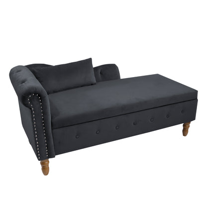 Black Chaise Lounge Indoor,Velvet Lounge Chair for Bedroom with Storage & Pillow,Modern Upholstered Rolled Arm Chase Lounge for Sleeping with Nailhead Trim for Living Room Bedroom Office