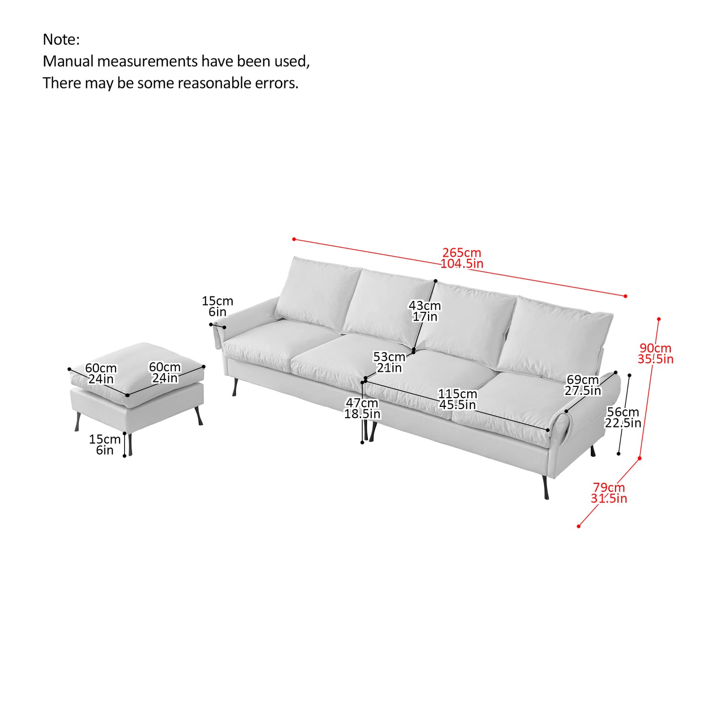 104.5"Modern Sectional Technical leather L-Shaped Sofa Couch with Convertible Ottoman