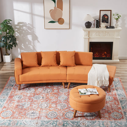 107" Contemporary Sofa Stylish Sofa Couch with a Round Storage Ottoman and Three Removable Pillows for Living Room, Orange