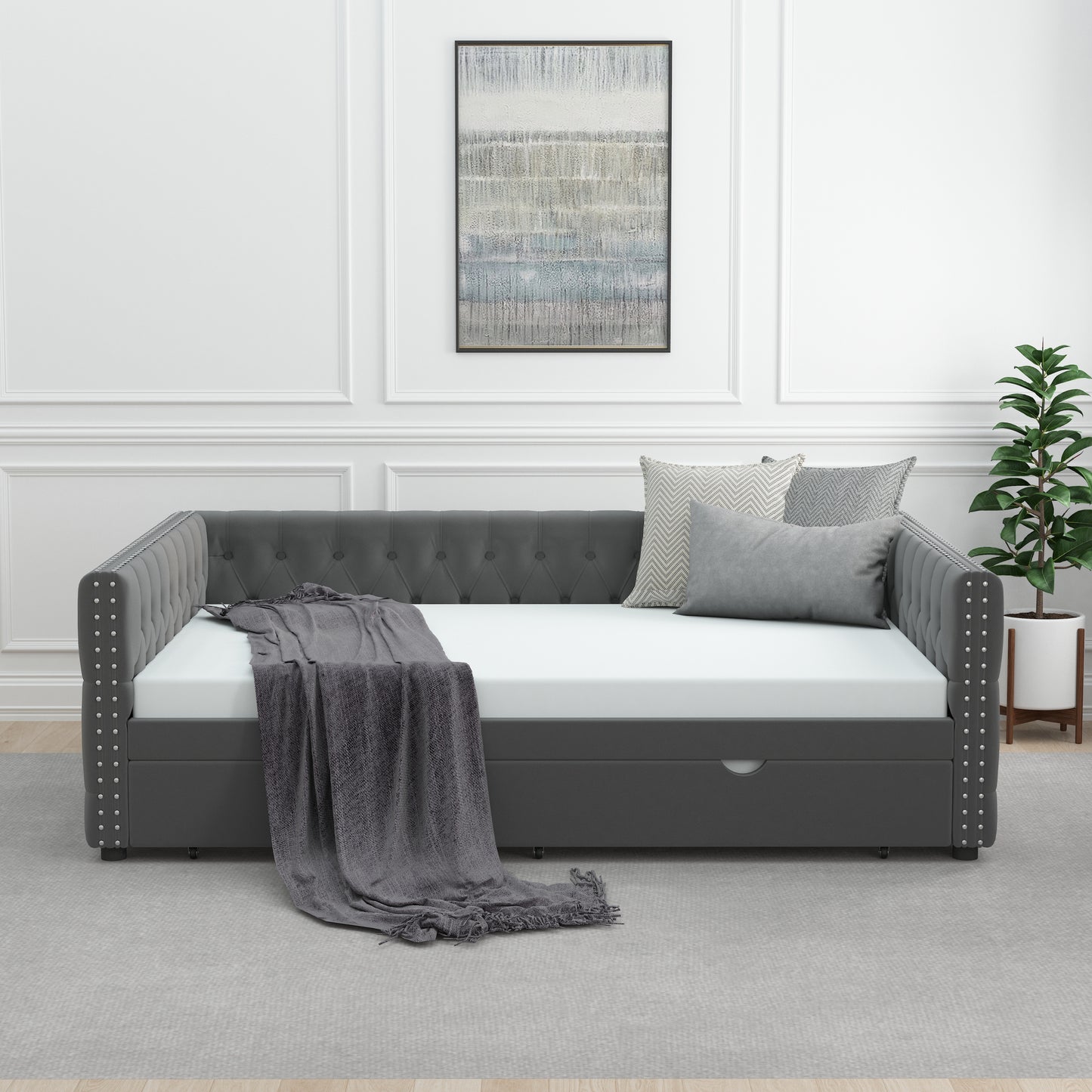 Daybed with Trundle Velvet Upholstered Tufted Sofa Bed, with Button and Copper Nail onSquare Arms,Full Daybed & Twin Trundle- For Bedroom, Living Room, Guest Room,(83"x57"x26")