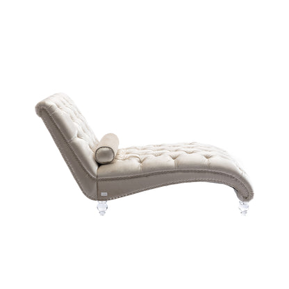 Velvet Chaise Lounge Indoor,Button-Tufted Upholstered Chaise Lounge Chair with Pillow for Bedroom Living Room Office (Beige Velvet)