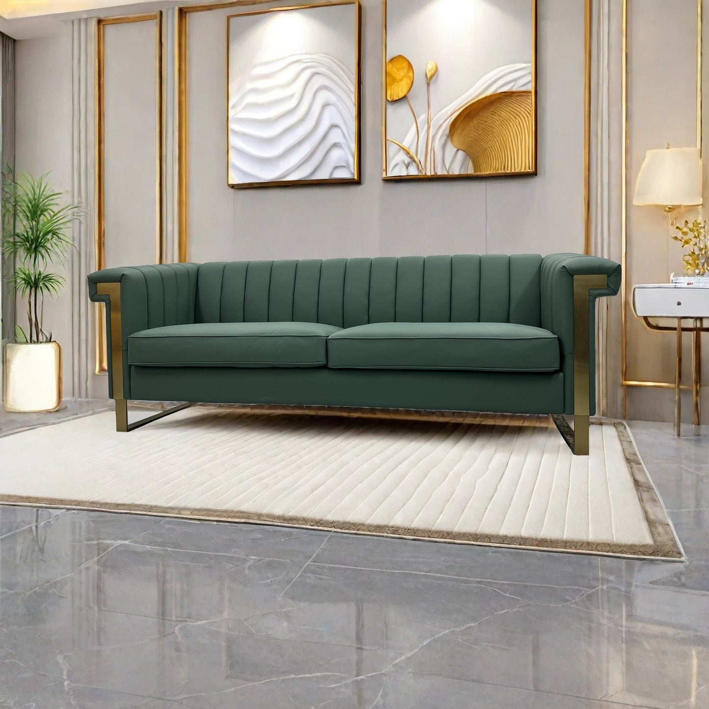 SOFA Modern Green PU Sofa with Gold Accents - Sleek Channel-Tufted Upholstery, 3-Seat Couch for Living Room and Office Decor