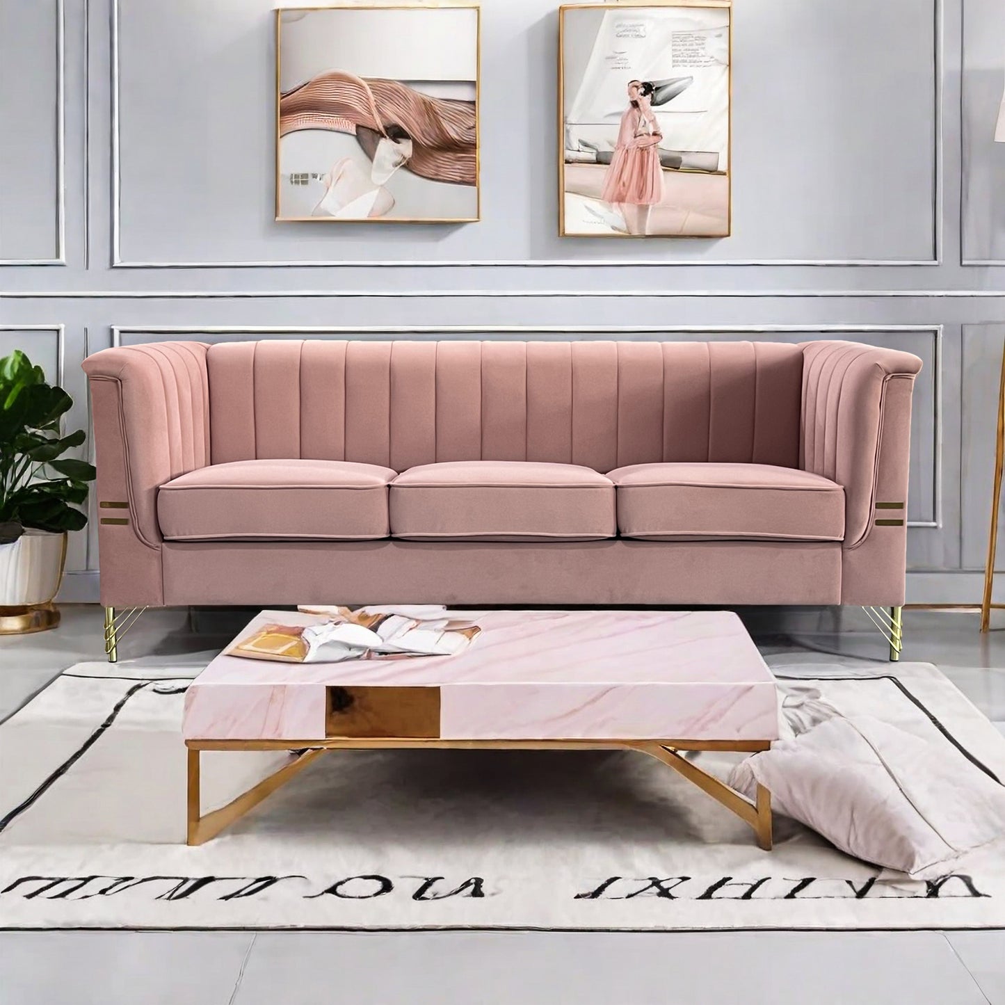 Modern Designs Velvet Upholstered Living Room Sofa, 3 Seat Sofa Couch with Golden Metal Legs for Home, Apartment or Office Pink SOFA