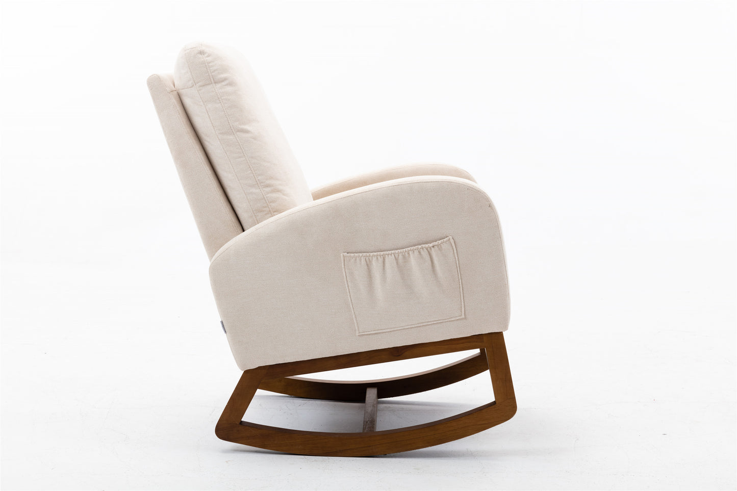 Rocking Chair, Modern Glider Chair, Recliner Armchair with Wood Legs and Side Pocket, Nursery Rocking Accent Chair with High Back for Living Room Bedroom (Beige linen)