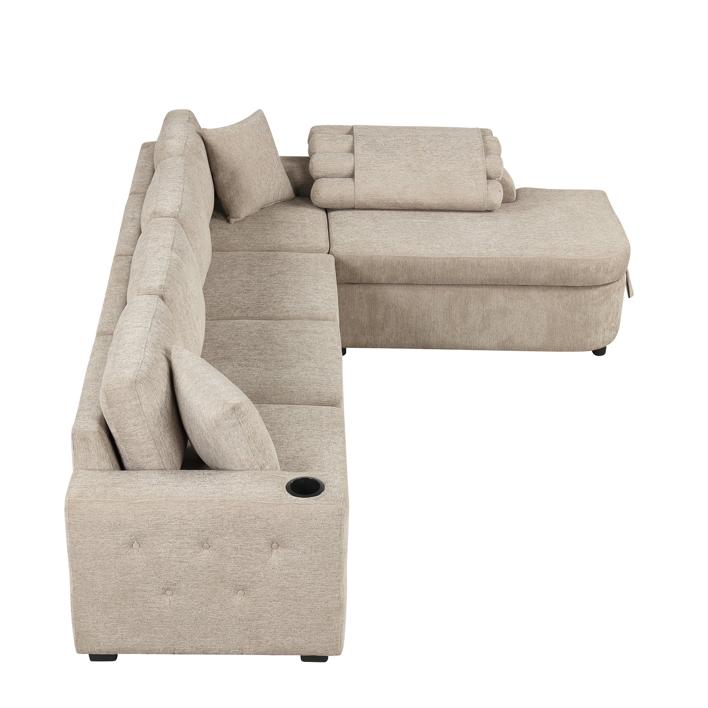 109.8"L-shaped Couch Sectional Sofa with Storage Chaise,Cup Holder and USB Ports for Living Room, Beige